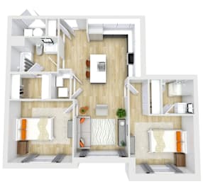 A 3D floor plan of a modern apartment with a kitchen, living room, and bathroom.