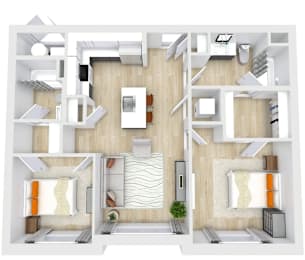 A top down view of a modern apartment layout with two bedrooms, a living room, a kitchen, and a bathroom.