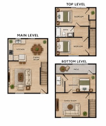 A diagram shows the layout of a three-level home with labeled rooms.