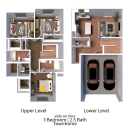 3D floor plan for a 3 bedroom 2.5 bath townhome for rent at VALO On Vine in Tooele, Utah