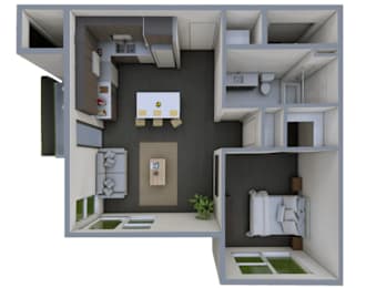 A 3D rendered image of a small apartment layout.