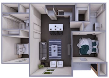 A 3D rendered image of a small apartment layout.