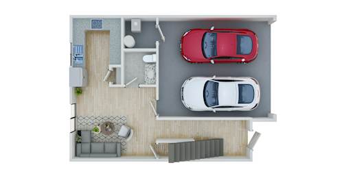 a rendering of a 1 bedroom floor plan with two cars and a couch