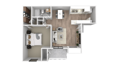 a 3d floor plan of a bedroom with a bathroom and a living room