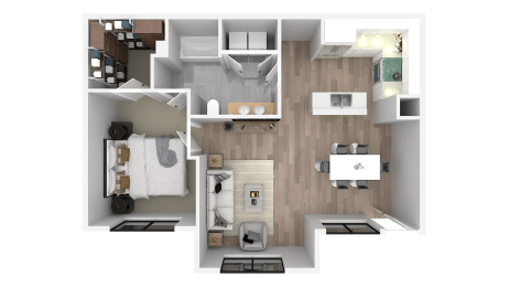 a 3d floor plan of a bedroom with a bathroom and a living room