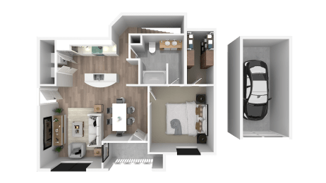 a rendering of a 3d floor plan of a house with a car