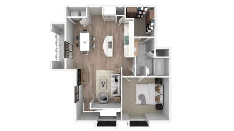 a 3d floor plan of a bedroom with a bathroom and a living room