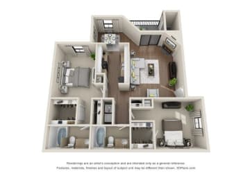 a 3d drawing of a house with a balcony and a living room