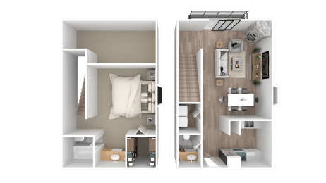 a 3d rendering of a bedroom and a bathroom with a floor plan