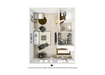 a small apartment with a balcony and a kitchen