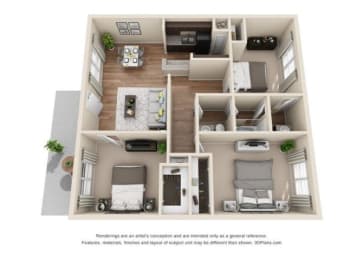 a floor plan of a 1 bedroom apartment with a fireplace and a balcony