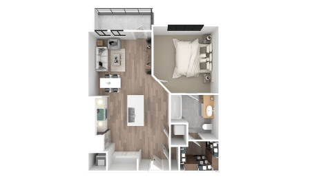 a 3d floor plan of a bedroom with a bathroom and a living room