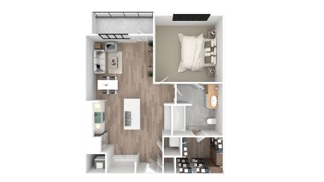 a 3d floor plan of a bedroom with a bathroom and a living room