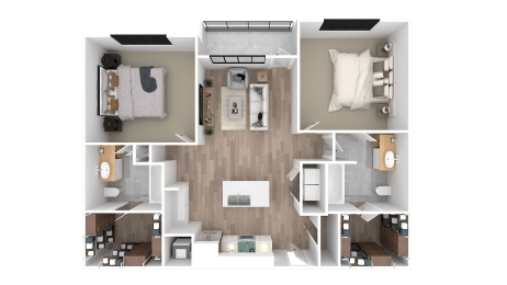 a 3d floor plan of a bedroom with a bathroom and a living room