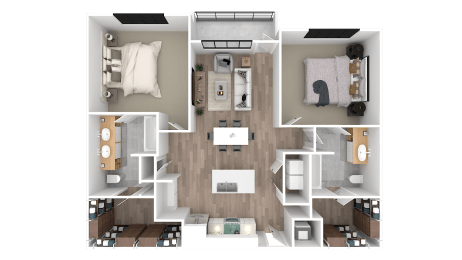 a 3d floor plan of a bedroom with a bathroom and a living room