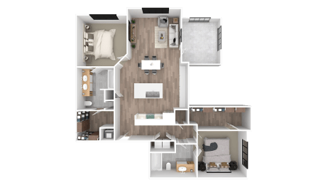 a 3d floor plan of a bedroom with a bathroom and a living room