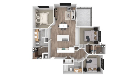 the living area of the floor plan with bedrooms and a bathroom