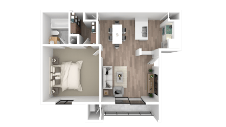 a 3d rendering of a floor plan with a bedroom and a bathroom