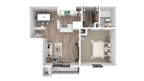 a 3d floor plan of a bedroom with a bathroom and a living room