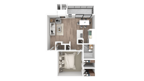 a 3d floor plan of a bedroom with a bathroom and a living room