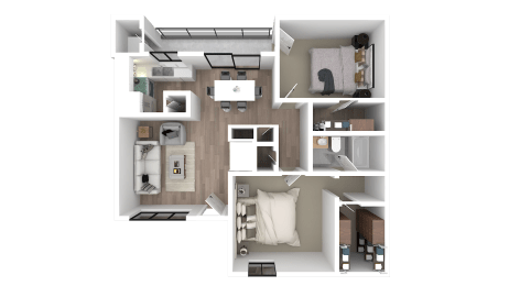 a 3d floor plan of a bedroom with a bathroom and a living room