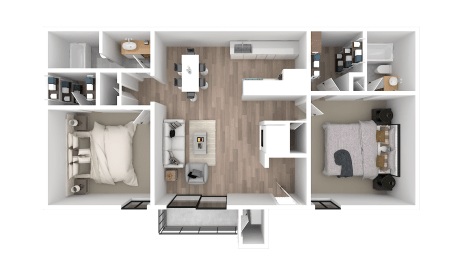 a 3d rendering of a floor plan with a bedroom and a bathroom
