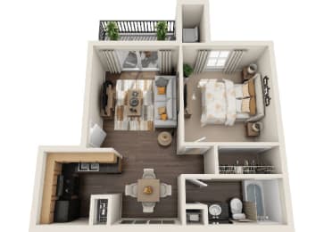 a floor plan of a one bedroom apartment with two bathrooms and a balcony
