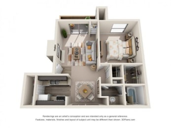 a 3d floor plan of a 1 bedroom apartment