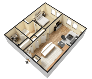 a large bedroom with a bed and a couch