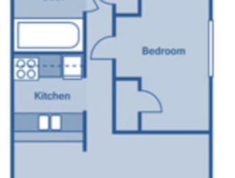 A floor plan of a small apartment with a kitchen and a bedroom.