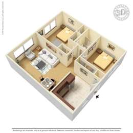 A 3D floor plan of a small apartment with a kitchen, living room, and two bedrooms.