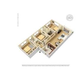 A 3D floor plan of a house with multiple rooms.