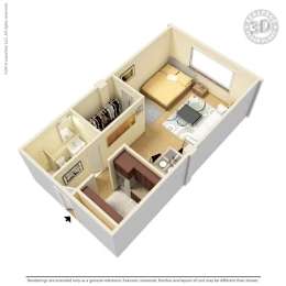 A 3D floor plan of a small apartment with a kitchen, living room, and bathroom.