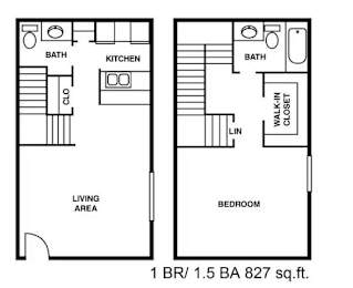 A floor plan of a one bedroom, one bathroom apartment.