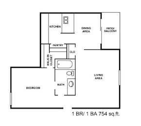 A floor plan of a one bedroom apartment.