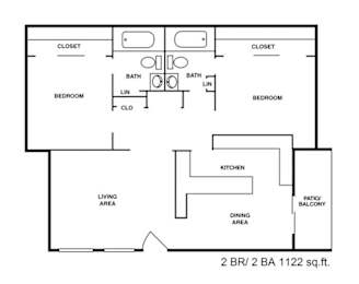 A floor plan of a 2 bedroom, 2 bathroom apartment.