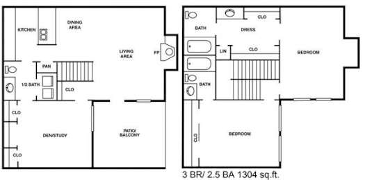 A floor plan of a 3 bedroom, 2.5 bathroom apartment.