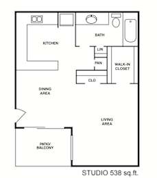 A floor plan of a studio apartment with a kitchen, dining area, living area, and bathroom.