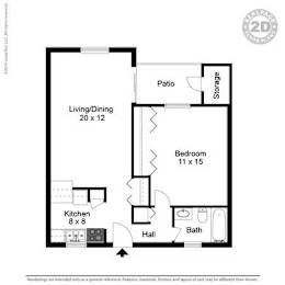 A floor plan of a small apartment with a living/dining area, kitchen, bedroom, bath, and storage.