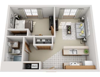 A top-down view of a small apartment with a kitchen, living room, and bathroom.