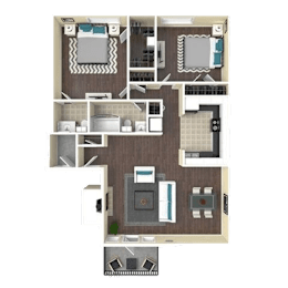 A 3D floor plan of a house showing a kitchen, living room, and two bedrooms.