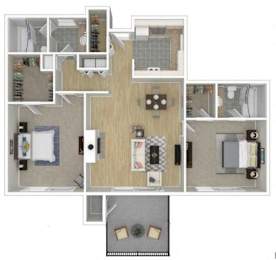 A floor plan of a house with a kitchen, living room, and two bedrooms.