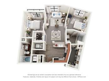 A 3D floor plan of a house with a kitchen, living room, and two bedrooms.
