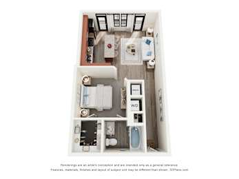 A 3D floor plan of a small apartment with a kitchen, living room, and bathroom.