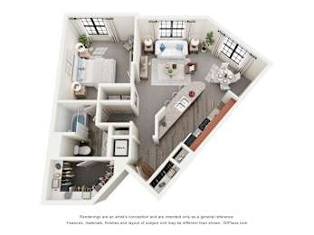 A 3D floor plan of a house with a kitchen, living room, and two bedrooms.