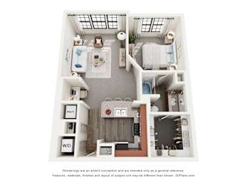 A 3D floor plan of a small apartment with a kitchen, living room, and bathroom.
