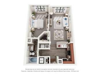 A 3D floor plan of a house with two bedrooms, a living room, a kitchen, and a bathroom.