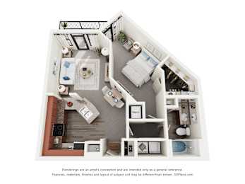 A 3D floor plan of a house with a kitchen, living room, and bathroom.