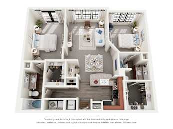 A 3D floor plan of a house with a kitchen, living room, and two bedrooms.