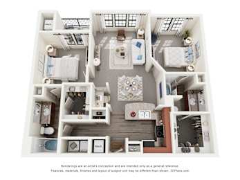 A 3D floor plan of a house with a living room, kitchen, and two bedrooms.